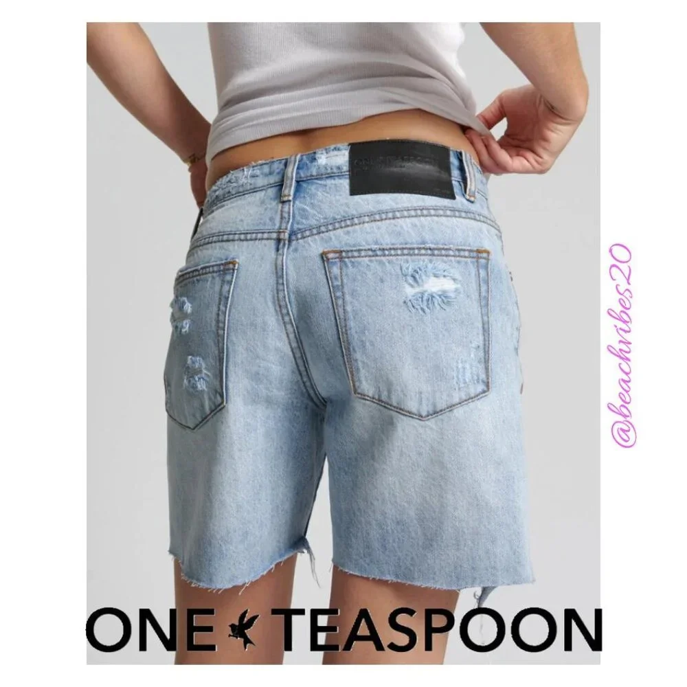ONE TEASPOON Jacksons Mid Waist Wide Leg Denim Shorts Ocean 24 NWT O-210